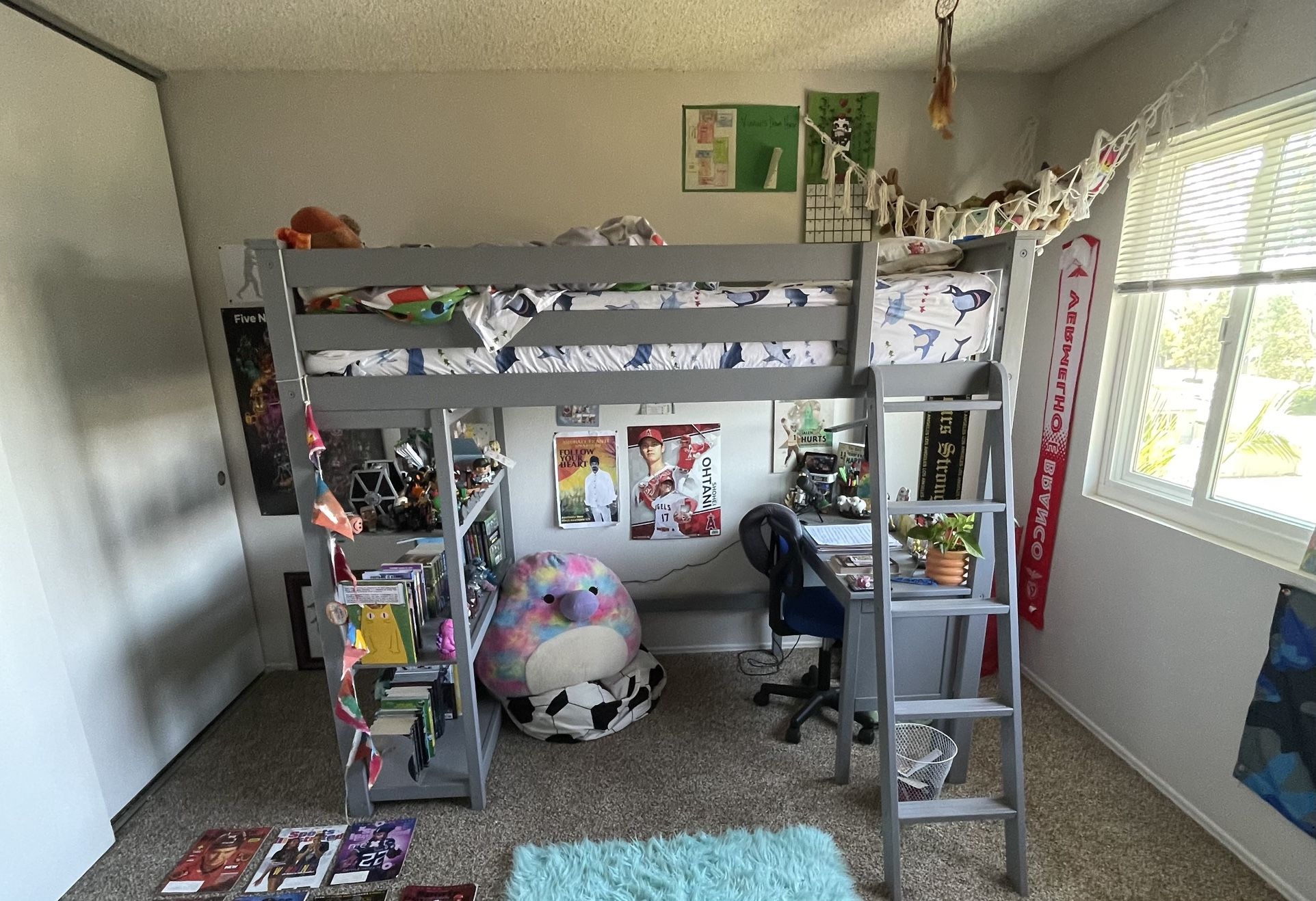 Kids Loft Bed With Desk and Shelves