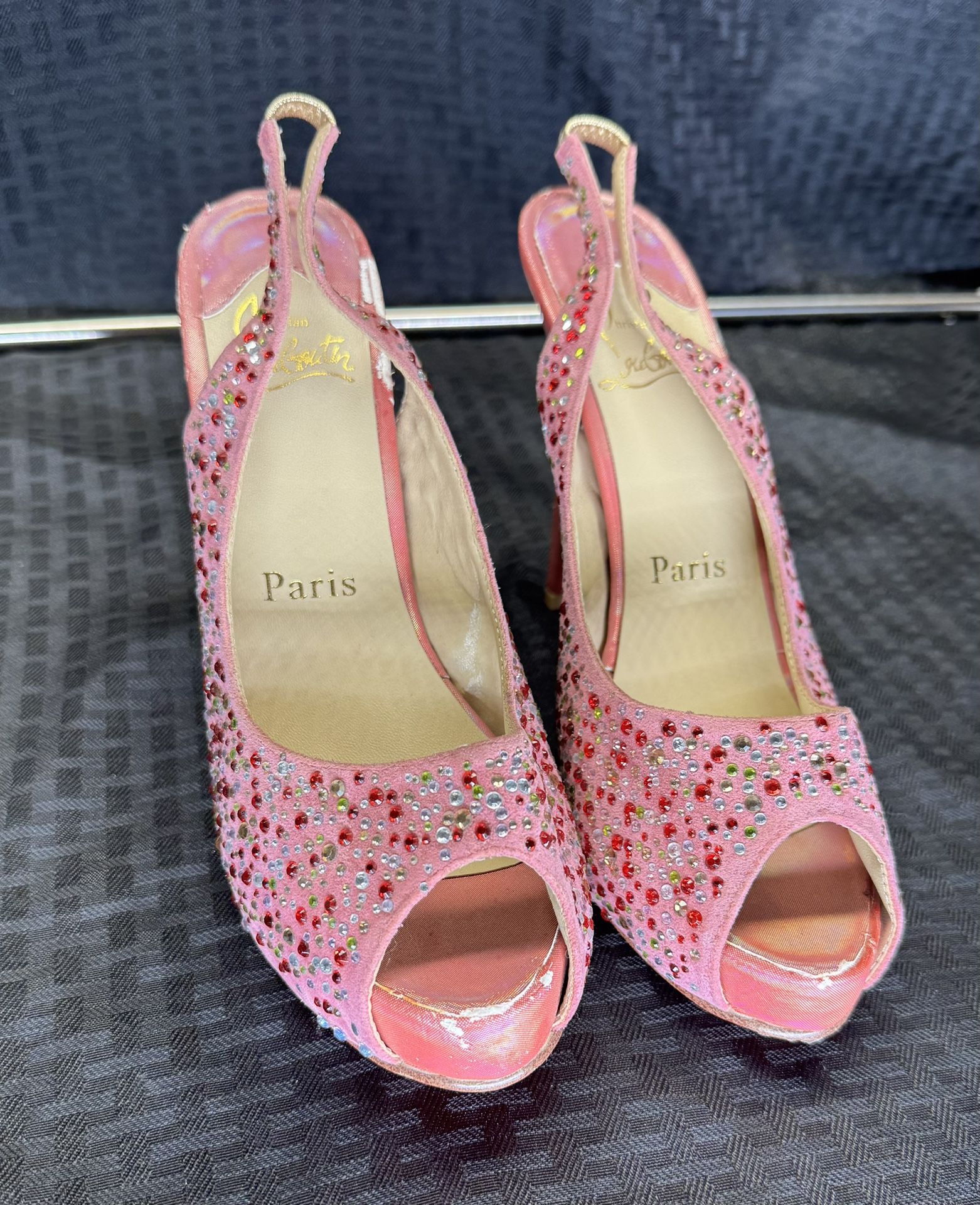 Christian Louboutin Pink Bejeweled Stiletto Peep-Toe Slingback Paris Heels - Size 40