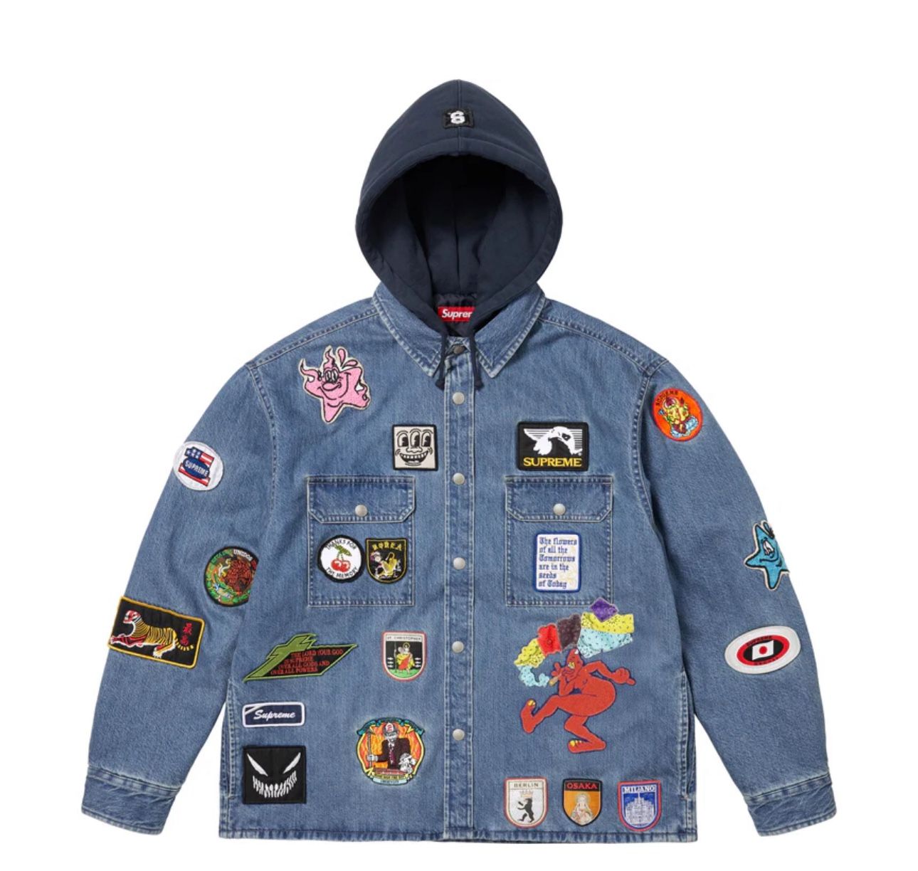 Supreme Patches Hooded Zip Up Jacket Denim