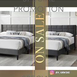 Queen Dark Grey Burlap Button Tufted Bed w. Orthopedic Mattress Included 