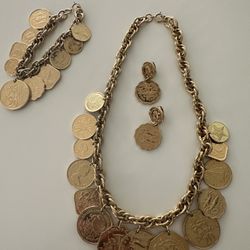 Franklin Mint 1980s Golden Caribbean Necklace, Bracelet, And Clip Earrings