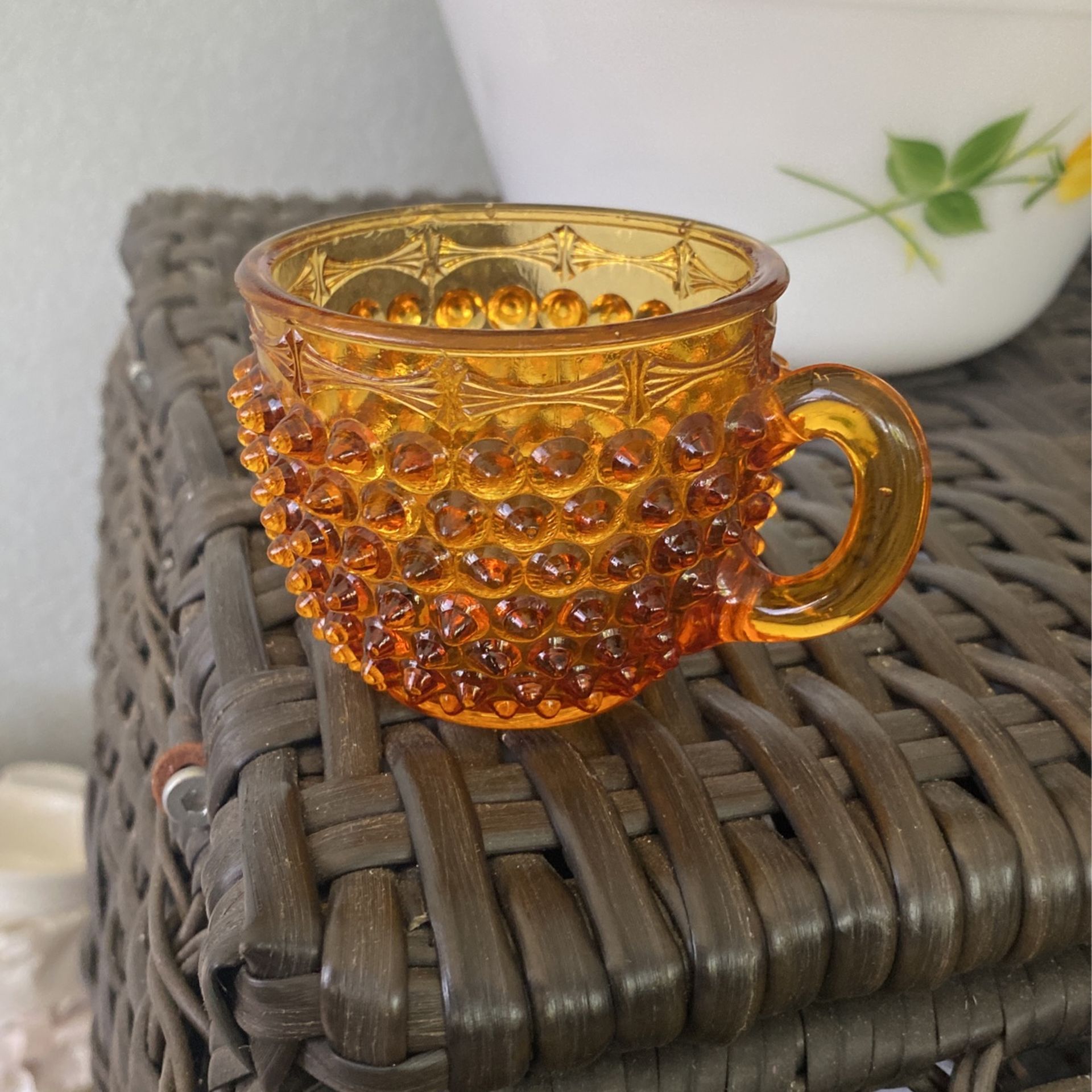 Antique EAPG Amber Glass Mug Pointed Hobnail with Ornamental Band Columbia Glass