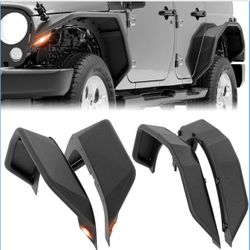 for JK JKU Tubular Front & Rear Fender Flares Compatible with 2007-2018 Jeep Wrangler JK JKU Unlimited 2/4 Doors with Turn Signal Lights, 4-PCS Tube M