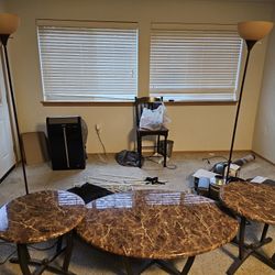 Two lamps, two end tables, and Center Coffee Table