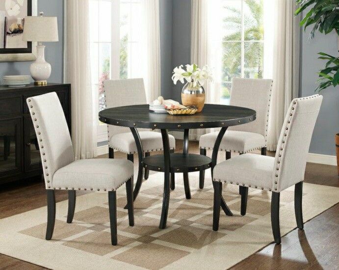 Brand New 5pc Round Dining Set With Beige Linen Fabric Nail Studded Chairs