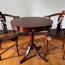 Vintage Mahogany Pedestal Drum Table & Ornate Corner Chairs  
