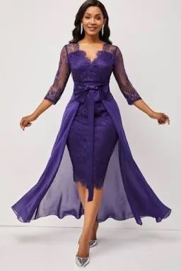 Woman Purple Large Lace Dress With Long Skirt