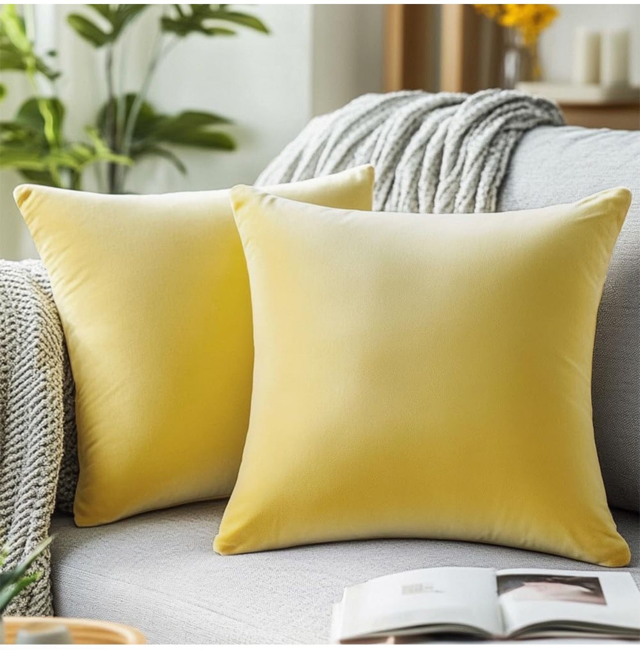 QUORGVES Yellow Throw Pillow Covers 18x18 Inch Set of 2 Velvet Summer Pillow Covers for Living Room Couch Sofa Bed Bedroom Decor Decorative Spring Ama
