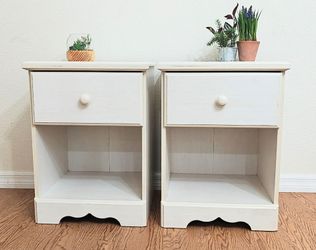 Pair Of 2 Coastal Ivory White Nightstands With Drawers And Shelves Storage Vanilla Cream Night Stands