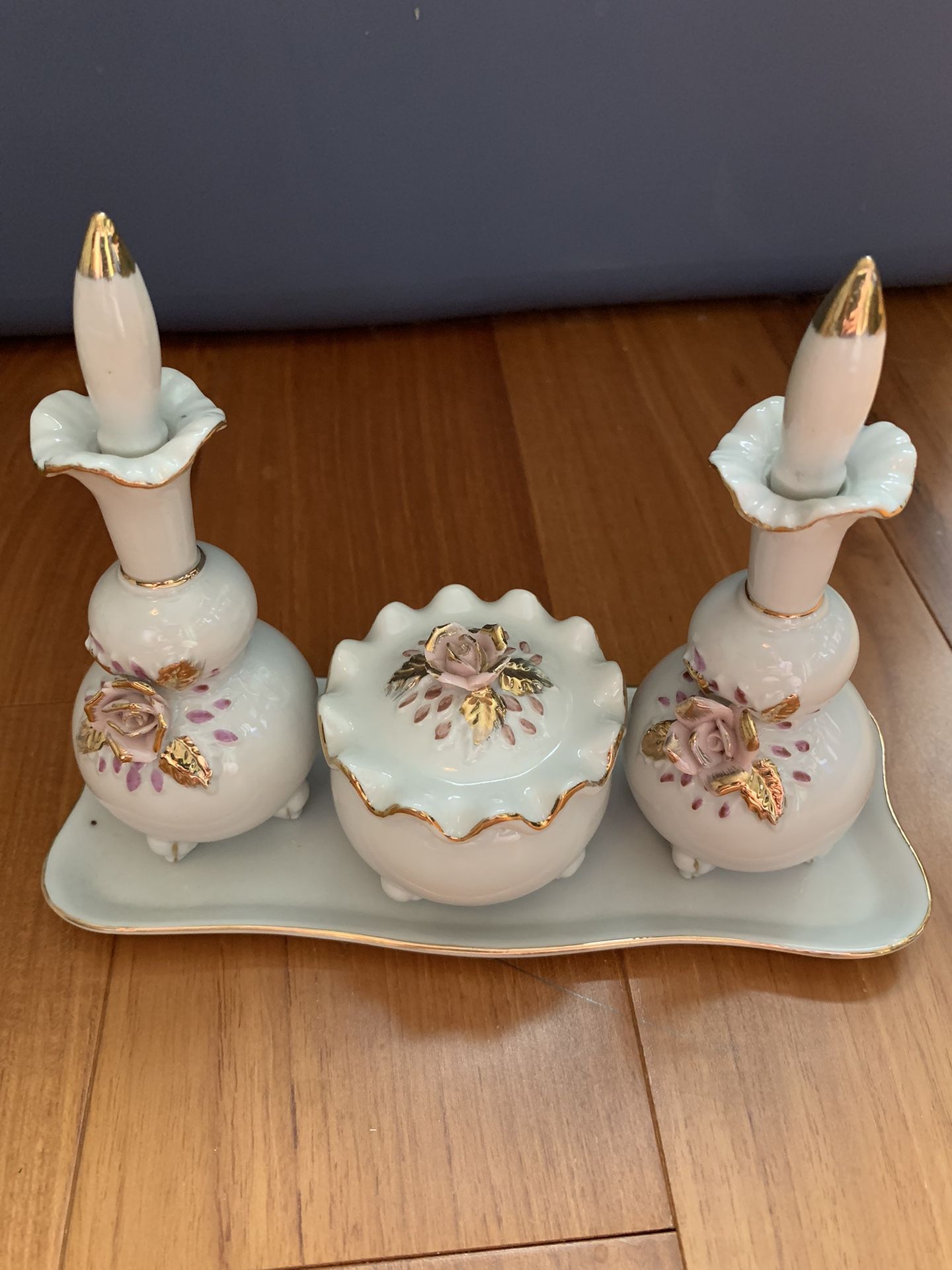 2 antique French porcelain perfume bottles, a porcelain, matching ring holder and a matching porcelain tray