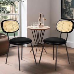 Dining Chairs Set of 2 with Rattan Backrest, Black Rattan Dining Chairs J035