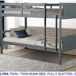 Twin over twin bunk bed. Available in espresso, white, & grey. Assembly required.  Assembly not included.  Tax included.  Free local delivery. 

Bunk 