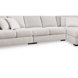 Ashley Furniture Beige Chenille Sectional Couch And Ottoman