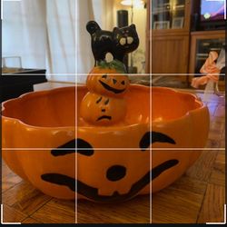 Halloween Candy Dish Bowl Treats Black Cat Pumpkin Orange 