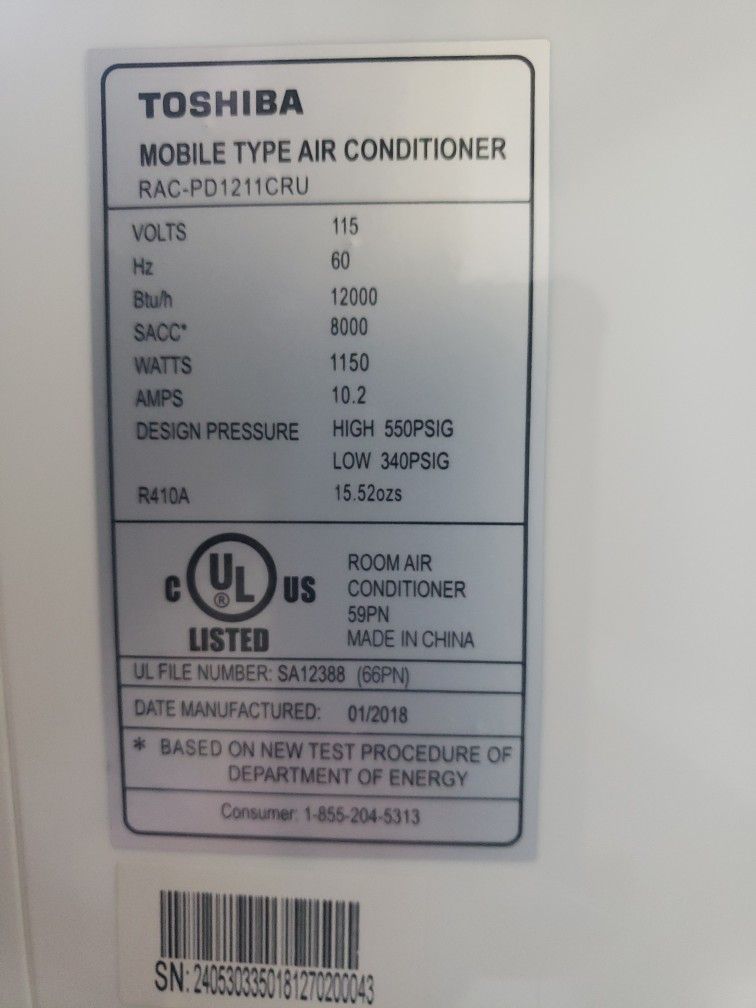 12,000 Btu Toshiba Portable AC for Sale in WA OfferUp