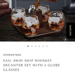 SAIL AWAY SHIP WHISKEY DECANTER SET WITH 4 GLOBE GLASSES
