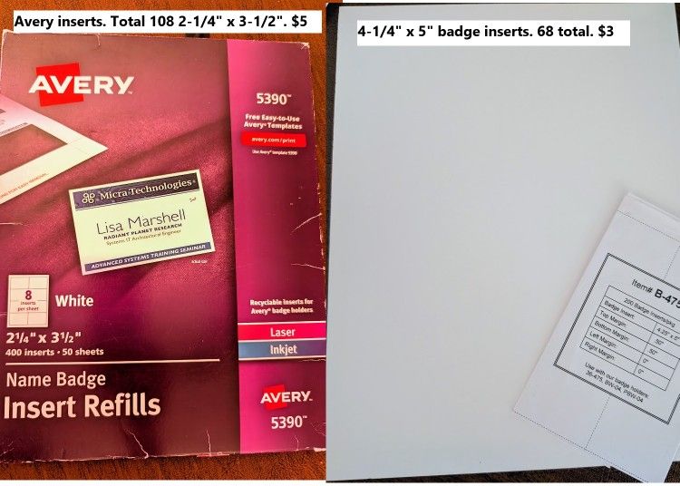 blank name badge insert cards 4.25" x 5"; Avery 5390 printable 2.25x3.5 cardstock refills