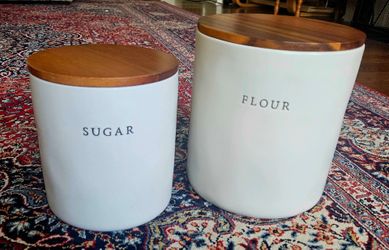 Henri Bendel White Ceramic Sugar & Flour Canister Set w/ Teak Wood Lids