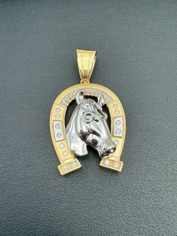 14k two tone gold Horse head in Horseshoe CZ stone Pendant Charm 13.4 grams