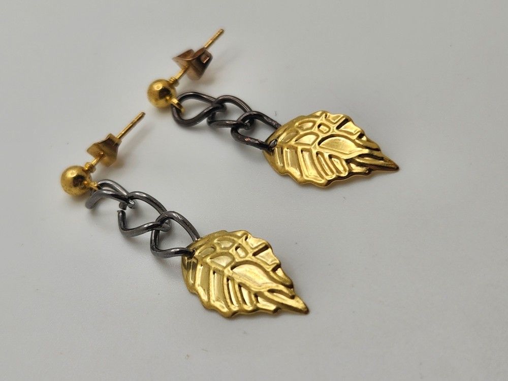 Gold Leaf and Black Chain Earrings