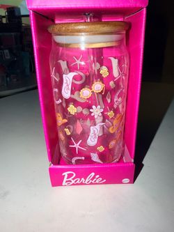Barbie Glass Can Cup with Bamboo Lid and Straw