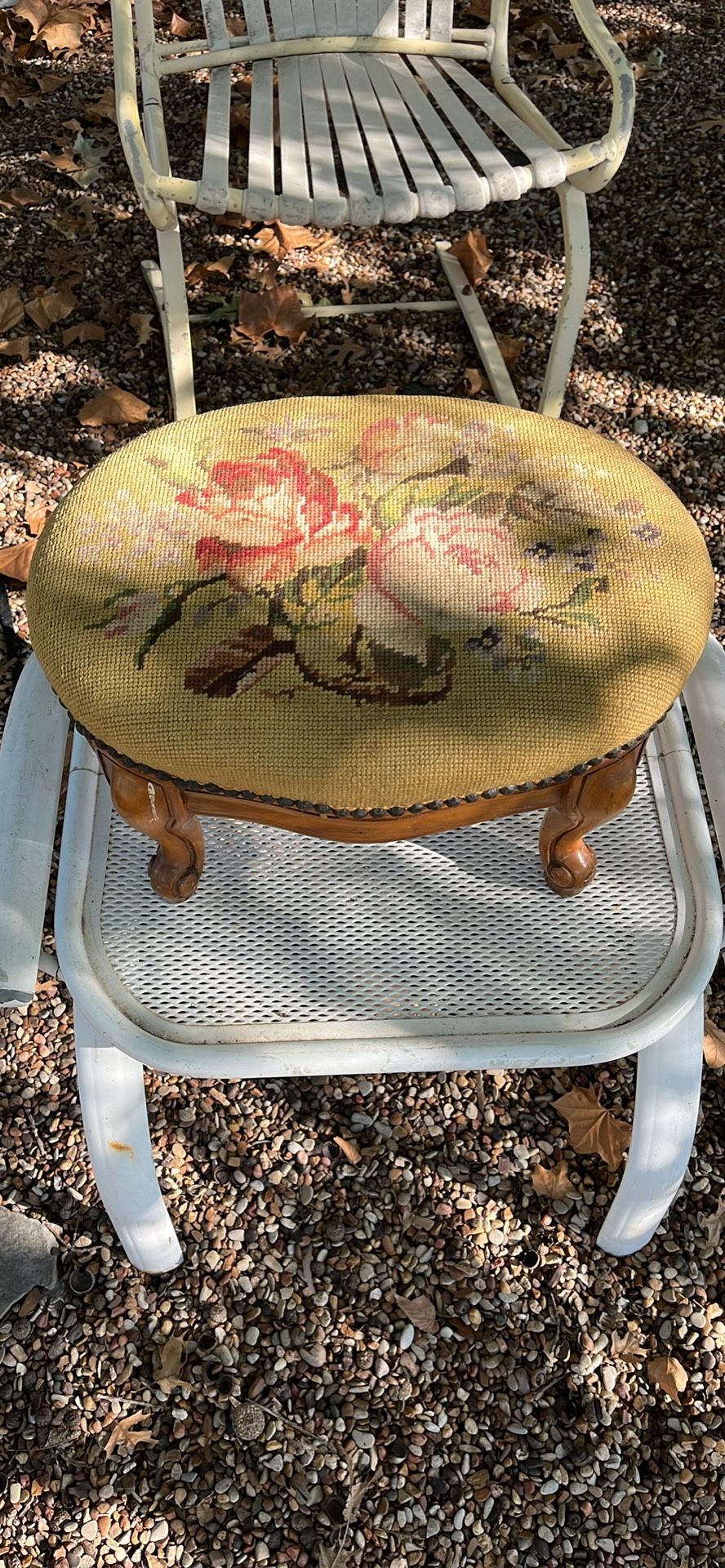 Antique French Provençal floral needlepoint footstool with nail head trim