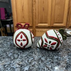 Vintage Princess House Christmas Ornament Ceramic Pair of Salt and Pepper Shakers.  Preowned.  Has been on display in a cabinet with a very large salt