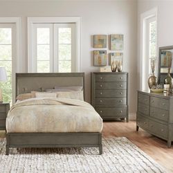 Brand New Gray Or Queen Padded Bedframe + Dresser + Mirror + Nightstand 4PCs Set