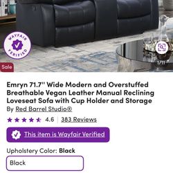 Emryn 71.7” Wide Modern And Overstuffed Breathable Vegan Leather Manual Reclining Loveseat Sofa With Cup Holder And Storage 
