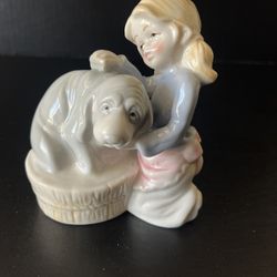 Vintage Porcelain Girl Washing Dog Figurine 