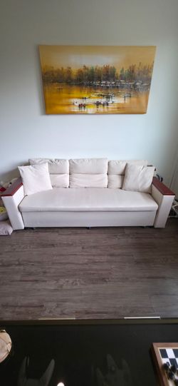 White 3-Seater Sofa with Wood Armrests