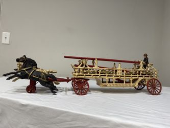 Antique 1800s Cast Iron Child’s Toy Fire truck Engine Horse Drawn Wagon Americana 