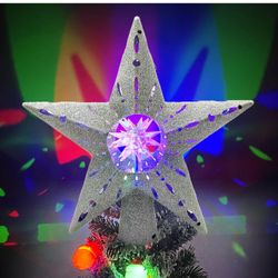 Christmas Tree Topper Lighted with LED Rotating Colorful Projector,Silver Hollowed Christmas Star Tree Topper,Plug in Christmas Tree Ornament for Indo