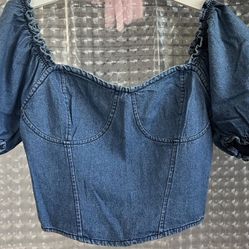 Denim Bustier Like Top With Puffy Sleeves Size L Never Used