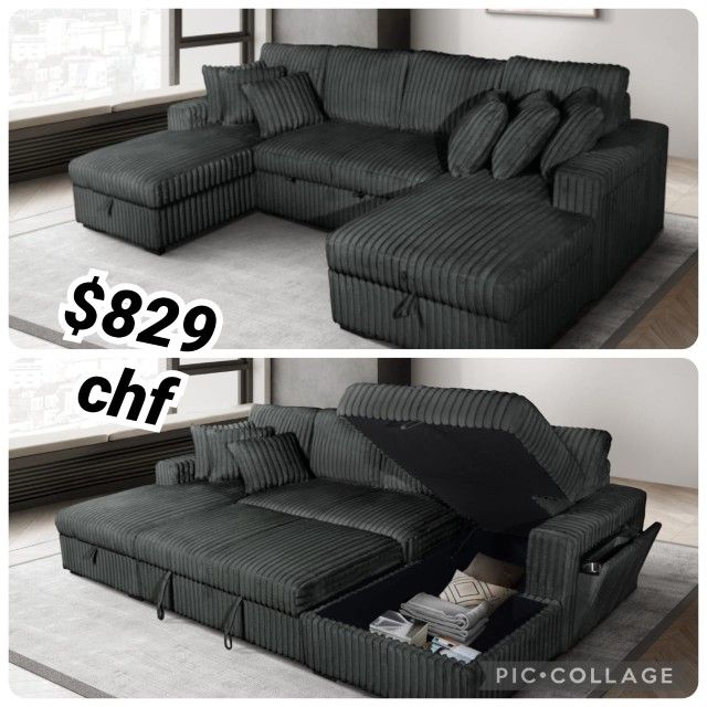 BLACK Corduroy U-Shaped Pull Out Sectional Sofa w/ Storage Chaises w/ USB + Pillows