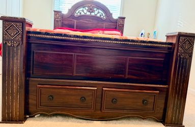 Wooden bed set with side table