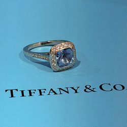 Tiffany & Co 1.06 Carat Aquamarine 0.50 Carat Round Diamond Platinum Halo Ring