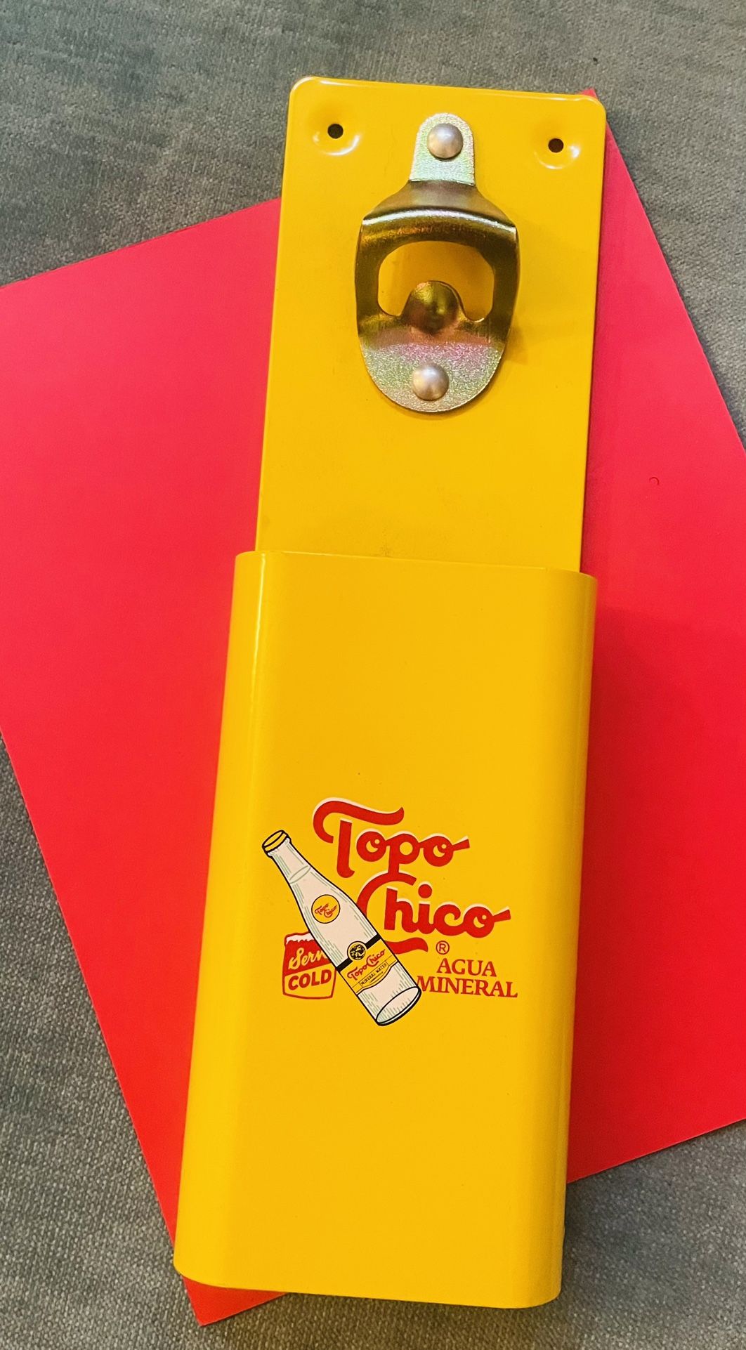 Vintage Style Topo Chico Mineral Water Hanging Bottle Opener & Cap Catcher.