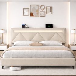 Beige King Size Bed Frame W/ LED Lights