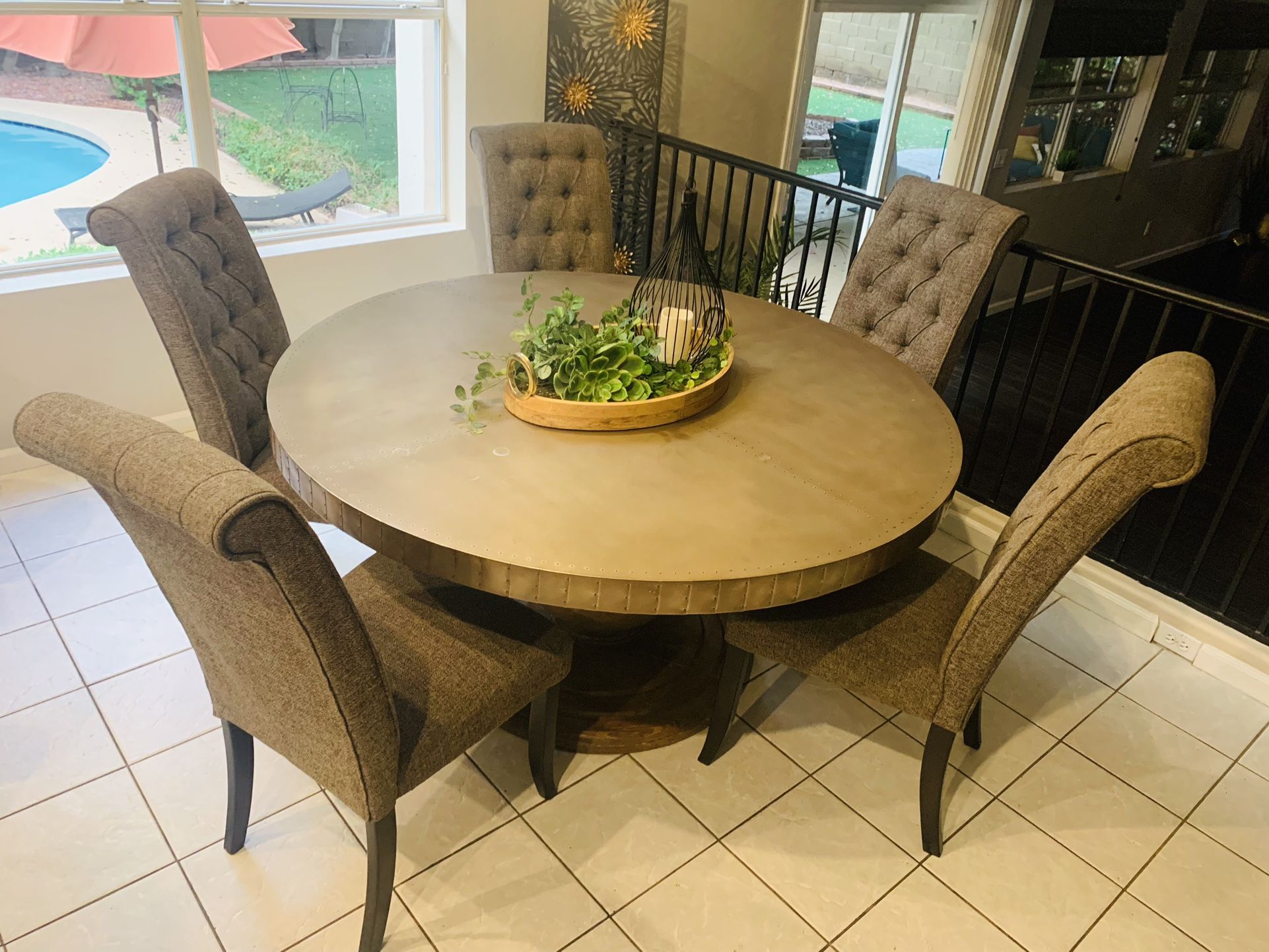 Rustic Copper Top Pedestal Table and Chairs 