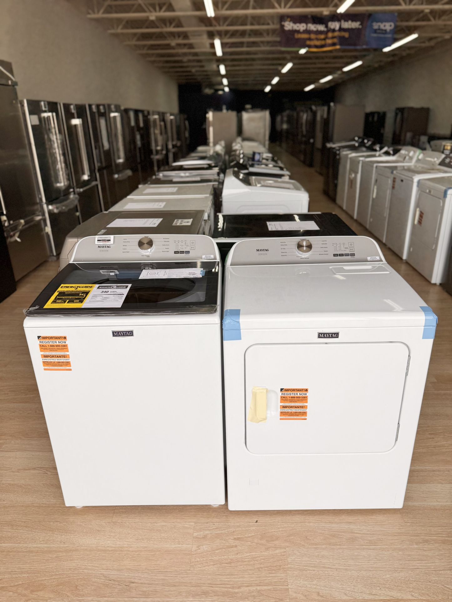 Brand-new Maytag Pet Pro laundry set — includes a 7.0 cu. ft. top load gas dryer and a 4.7 cu. ft. top load washer.