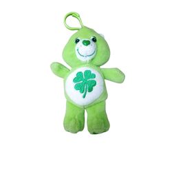 2002 Care Bears Good Luck Bear 8” Bean Bag Plush Green With 4 Leaf Clover.