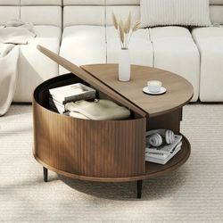 Flutted Wooden Round Coffee Table with Storage and Sliding Door,Mid Century Modern Center Table with Flip Top for Living Room, Rustic Brown