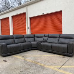 Modern Gray Power Reclining Sectional Couch - Genuine Leather