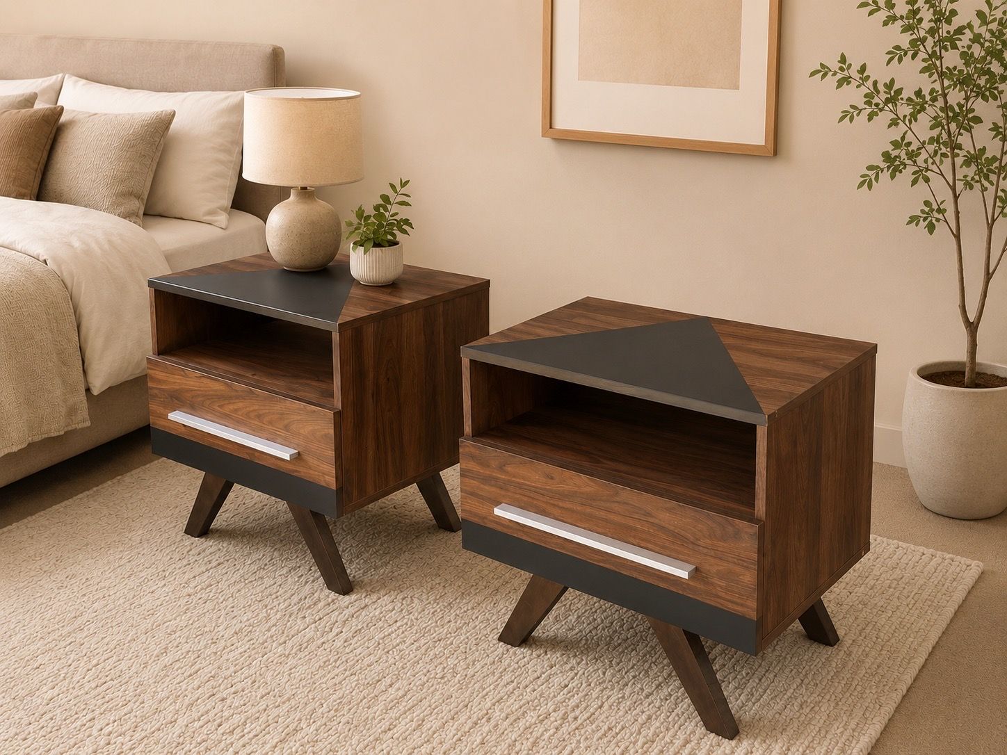 🔥 Modern Walnut Bedroom Set – Dresser + Nightstands | Mid Century Modern | Contemporary Faux wood