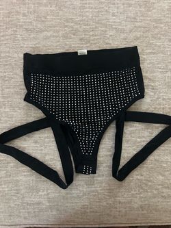 Black Rhinestone Embellished Thong with Harness Straps