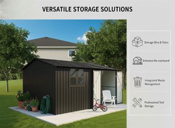 12x10 ft Metal garden sheds outdoor storage sheds black with window with Goods Shelves