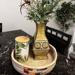 Home decor, Vintage Looking Vase with Flowers and a Candle Holder with Lid and a Wicker Basket Tray!