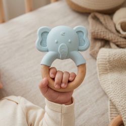 Brand New Baby Teether Toy – Silicone Elephant Teething Ring with Wooden Handle
