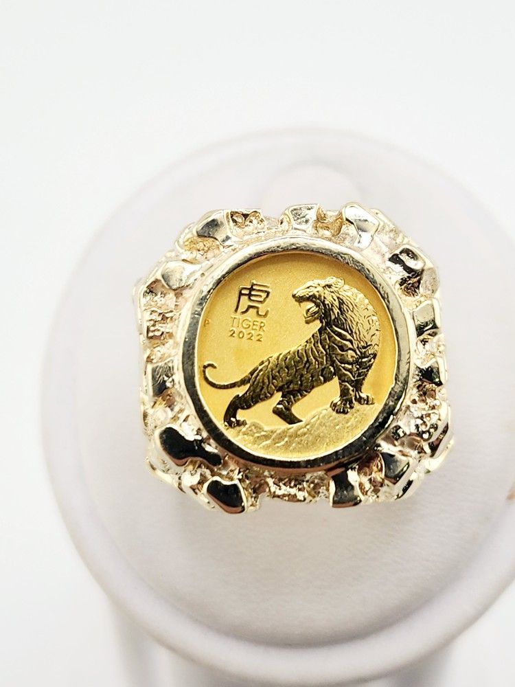 14k gold nugget tiger coin ring